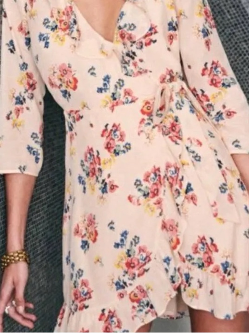 Sezane Cream Floral Wrap Mini Dress with Pink & Blue Blooms